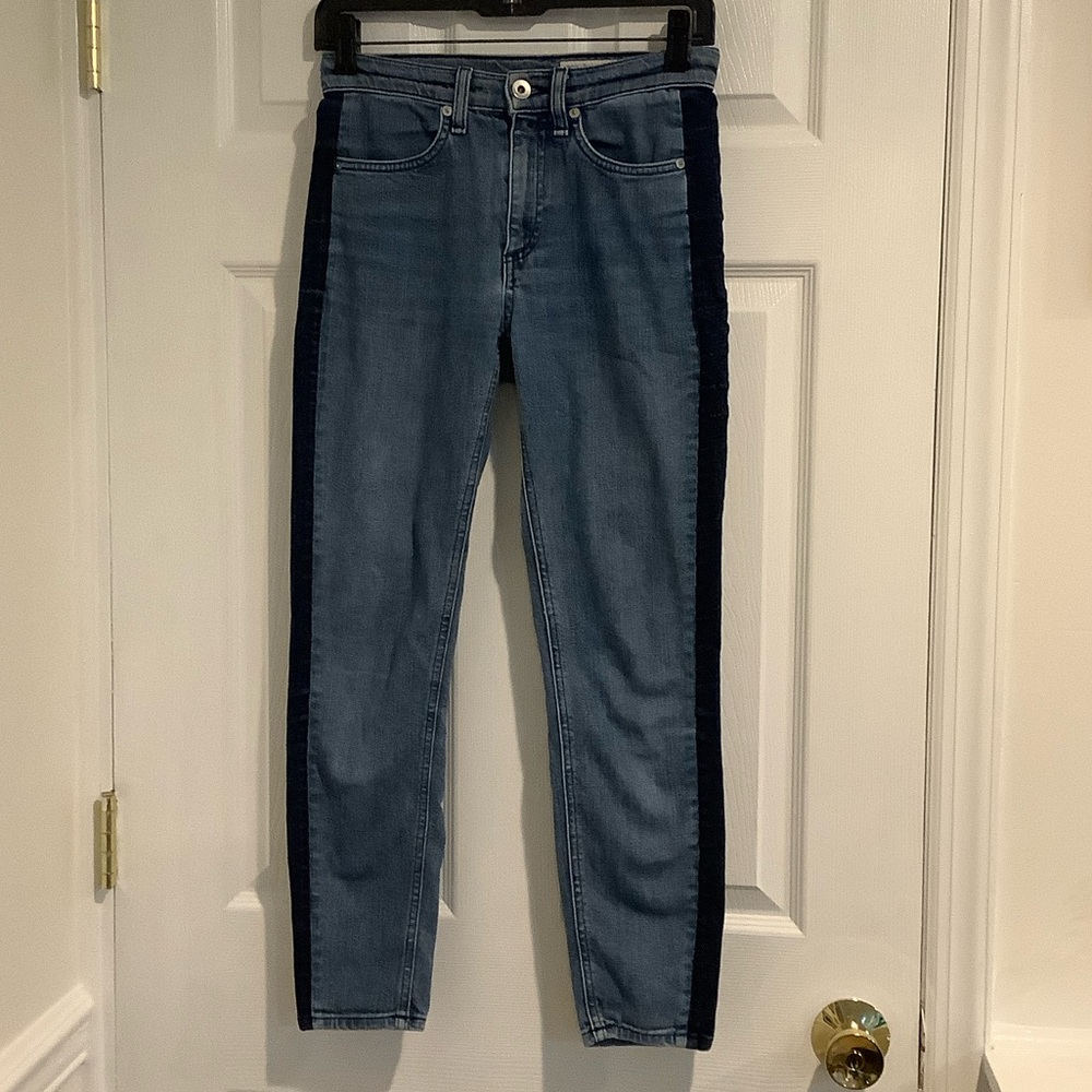 RAG AND BONE Women’s Double Indigo Streetwear Cropped Ankle Blue Stripe Jeans 25